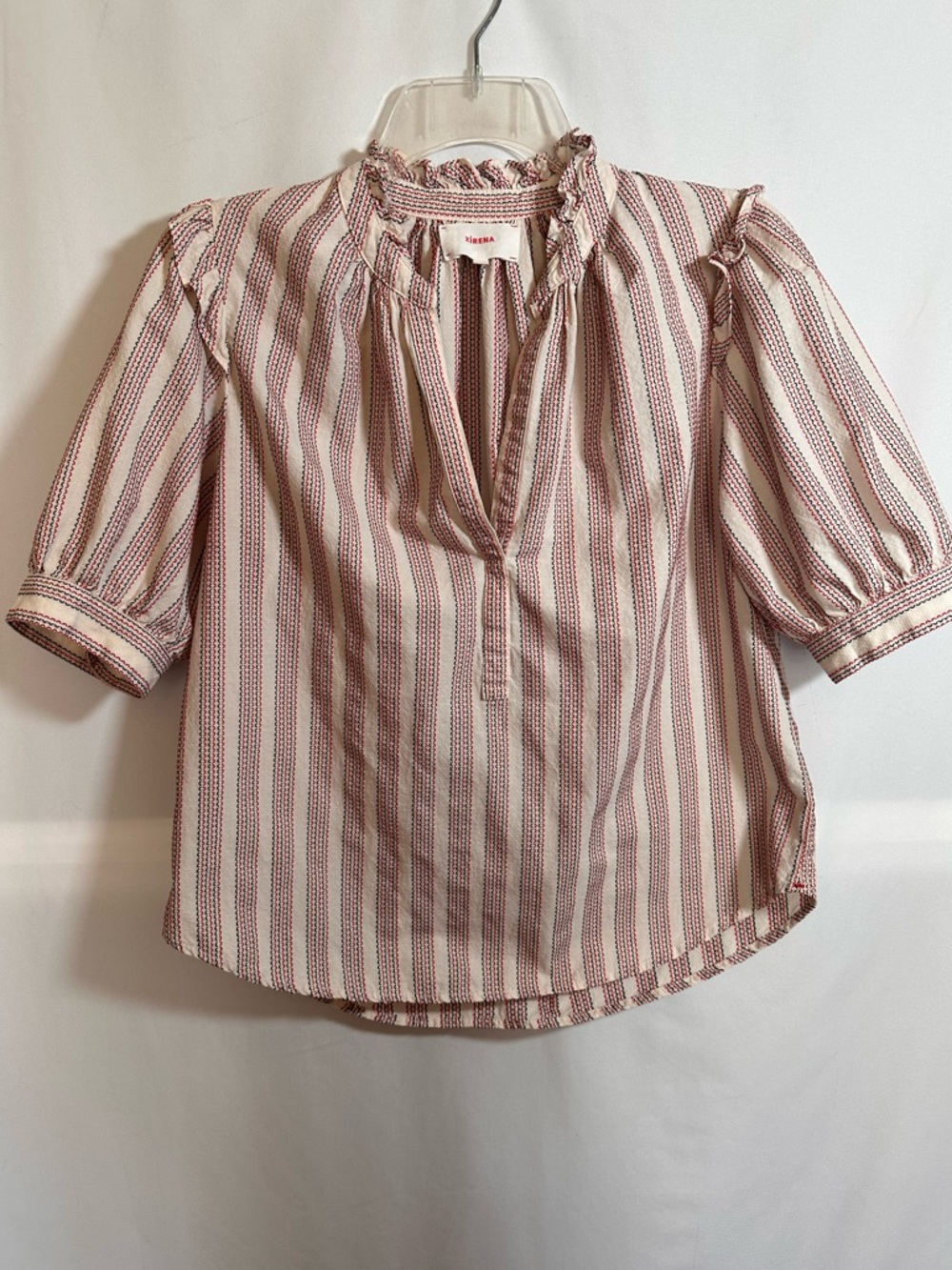 XiRENA Livi Top Ruffle Neck Stripe Puff Sleeve Blouse Red Black‎ XS